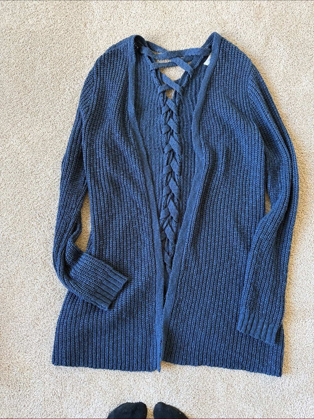 Open-Front Denim Blue Knit Cardigan with Back Lace Detail